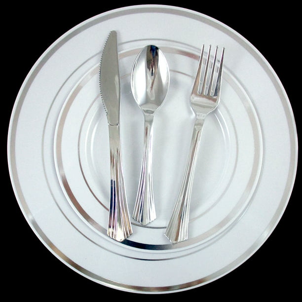 600-pc Party Pack-Premium Plastic CLEAR Plates Silver Cutlery Clear Tumblers